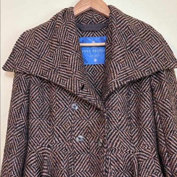 Free People Brown Metallic Patricia Pea Coat Chevron Tweed Peplum Ruffle Jacket - Picture 6 of 15